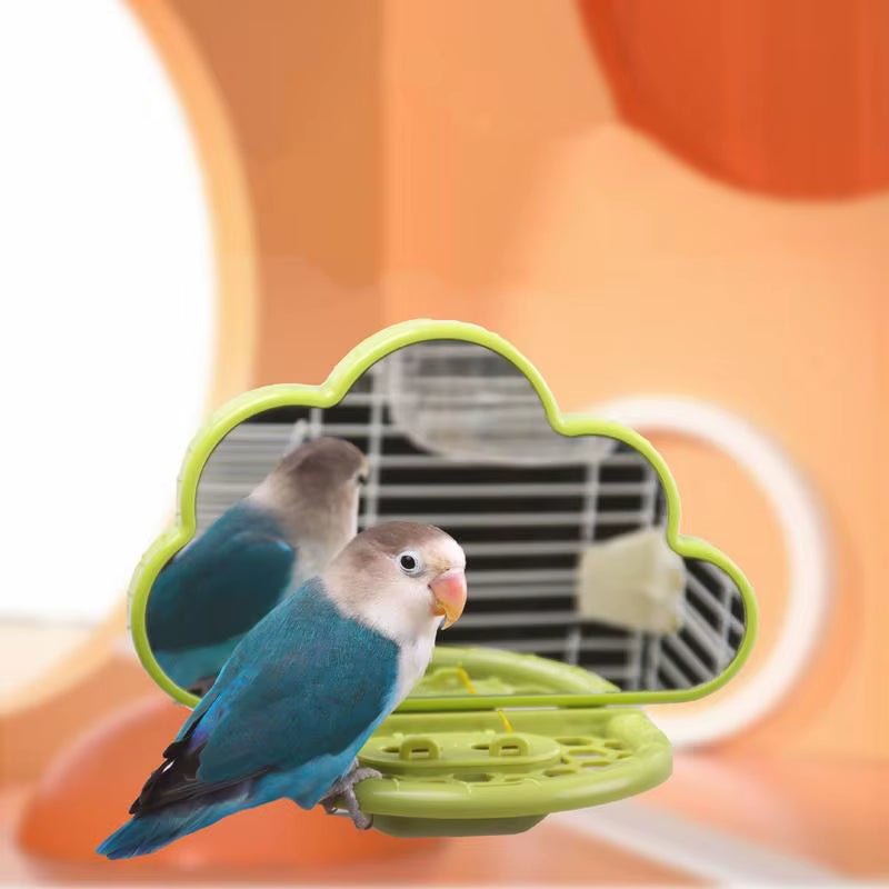 Parrot Cloud Mirror Stand Bird Cage Landscaping Bird Toys Bird Perch Stand Cockatiel Mirror with Feeding Cup Bird Cage Accessory