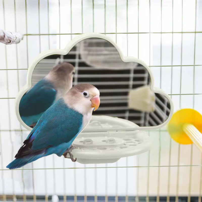 Parrot Cloud Mirror Stand Bird Cage Landscaping Bird Toys Bird Perch Stand Cockatiel Mirror with Feeding Cup Bird Cage Accessory