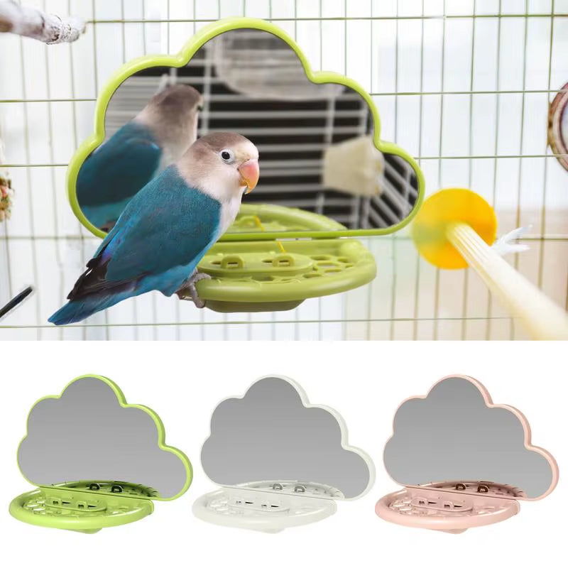 Parrot Cloud Mirror Stand Bird Cage Landscaping Bird Toys Bird Perch Stand Cockatiel Mirror with Feeding Cup Bird Cage Accessory